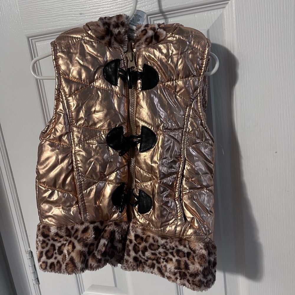 Little Lass girls 4 puffer vest hooded blush champagne color animal print trim